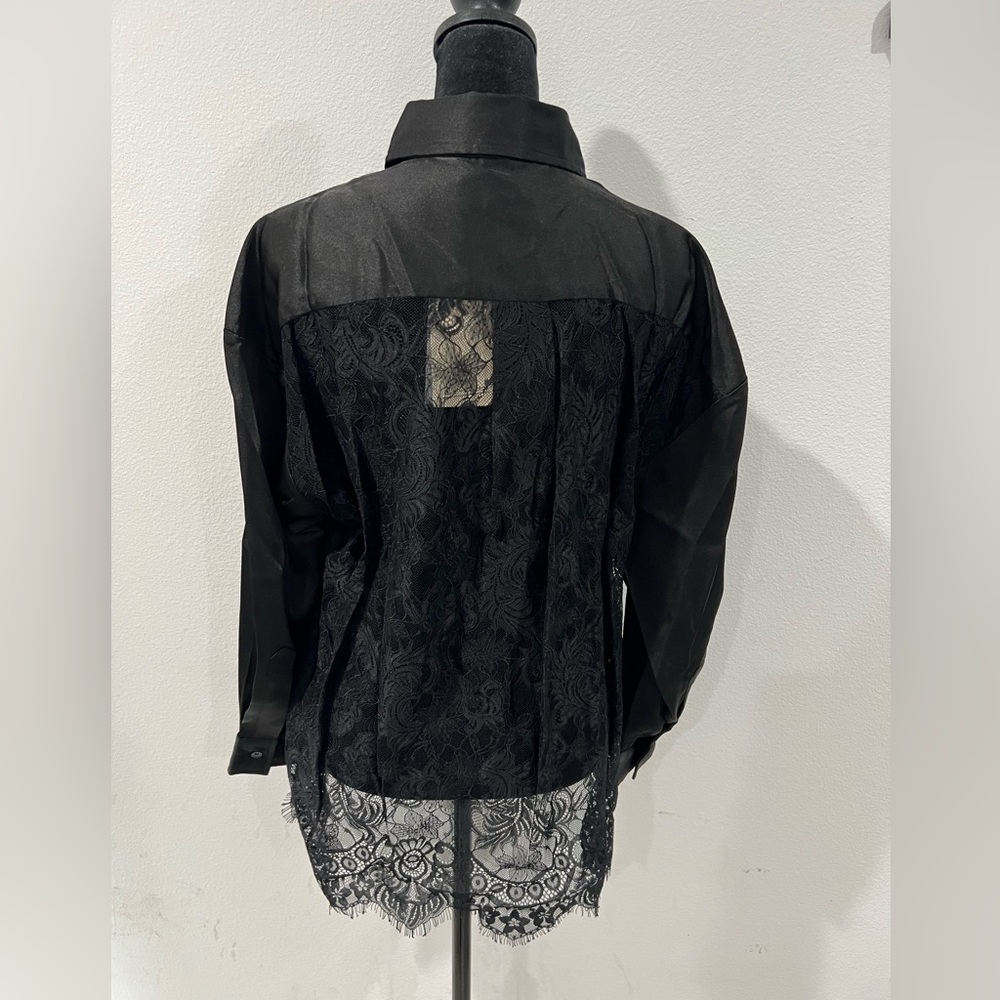 NWT Elan Black Lace Back Button Down Blouse XS Sheer - Picture 3 of 5